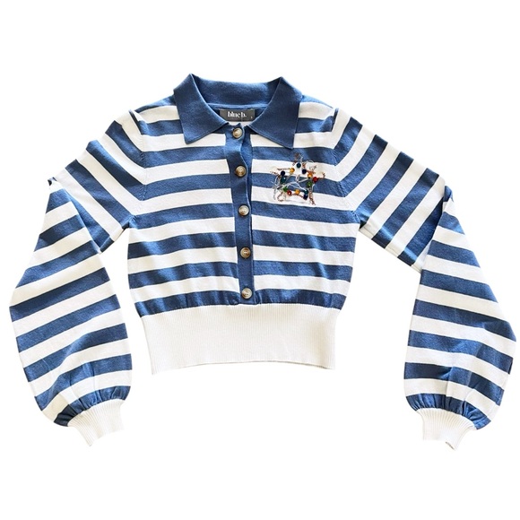 NEW Blue b White Stripe Multicolor Rhinestone Embroidered Rodeo Horse Sweater - Picture 2 of 5